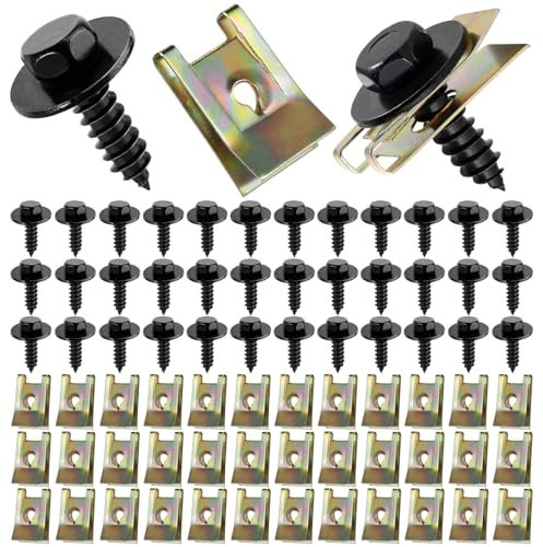 Amentalove 72PCS Surtido de Tornillos y Grapas, Tuercas de Clips, Tornillos y Clip de Tuerca,U Tipo Fastener Clip con Cabeza Hexagonal Tornillo Autorroscante para Coche Rueda Arco Cubierta Undertray