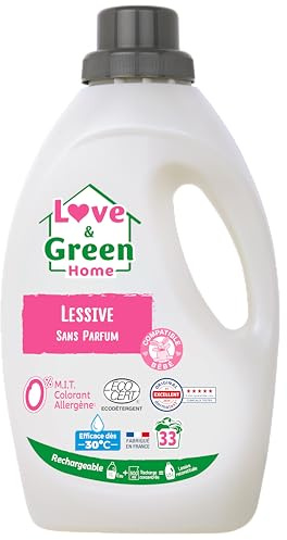 Love & Green Home Lessive écologique rechargeable Sans parfum certifiée Dermatest 5 étoiles et Ecodétergent par Ecocert - Compatible bébé - Fabriquée en France - 1,5L - 33 lavages