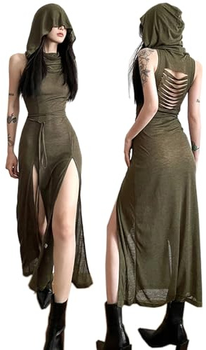 SINROYEE Abito lungo da donna con spacco alto, sexy, senza maniche, abito da cocktail sexy con ritaglio aderente per feste e club, vestiti a canottiera, Verde scuro 2., L