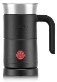 BODUM BARISTA Elektrischer Milchaufschäumer 300 ml – Edelstahl mit Antihaft Innenbeschichtung – Für Cappuccino, Latte, Flat White & Heiße Schokolade – Zwei Aufsätze zum Aufschäumen & Erhitzen