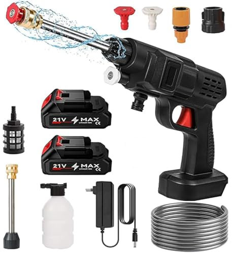 Pistola de Agua de Alta presión, 50Bar Pistola Limpiador a presion bateria 6000mAh, Cargador y Manguera 5m, 435PSI hidrolimpiadora de bateria 240 L/h para Limpieza de Coches/Suelos (2× Baterías (B))