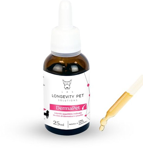 DermaPet Integratore Dermatite per Cute Cani e Gatti | Lenitivo Anti Rossore Naturale con Olio di Ribes | Prurito Cane e Gatto | 25ml | Integratori Olio contro Dermatiti Made in Italy | Longevity Pet