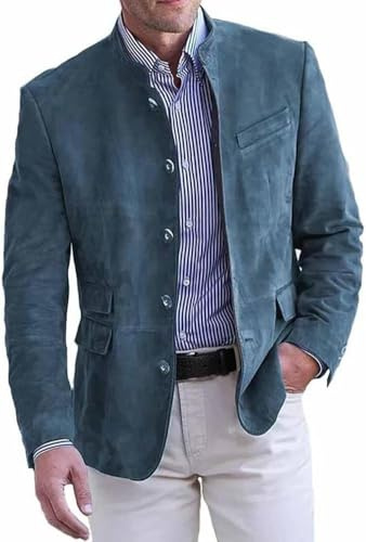 Blazer da Uomo con Colletto alla Coreana retrò alla Moda Autunnale e Invernale Blazer Casual da Lavoro in Finta Pelle Scamosciata Giacca Monopetto Leggera Classica (Blu,M)