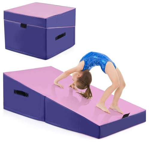 COSTWAY Schräge Gymnastikmatte, keilförmige Weichbodenmatte klappbar, 2 in 1 Turnmatte mit Tragegriff, Sportmatte Fitnessmatte Kinder für Zuhause, Gym (Rosa+Lila)