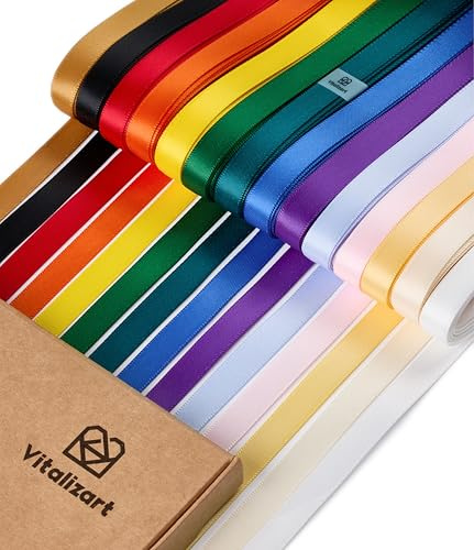Vitalizart 0,95 cm x 64 m Nastro di Raso 14 Colori Scuri, Nastro da Regalo Bifacciale per Confezioni Regalo & Artigianato, Nastro per Bouquet & Decorazione, Nastro di Raso Sottile 14 Rotoli*4,57m