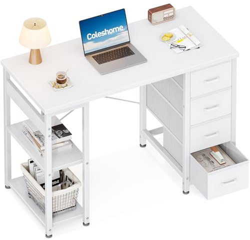 Coleshome Piccola Scrivania con 4 Cassetti in Tessuto, 100x40cm Scrivania con Ripiani Reversibili, Tavolo per Computer, Tavolo da Studio per Ufficio, Camera da Letto, Bianco
