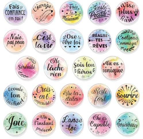 OOTSR Aimants Français en Métal pour Réfrigérateur, 24 Magnets Frigo de Citations Inspirantes, Aimants Ronds de Mots Inspirants pour Armoires de Bureau, Tableaux Blancs, Salles de Classe Décoration