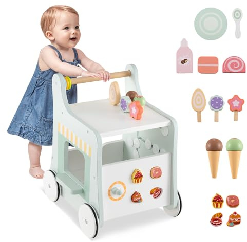 COSTWAY 7 en 1 Chariot de Marche sur Thème Dessert avec 14 Accessoires, Marcheur D'Apprentissage Bébé avec Labyrinthe & Horloge & Glaces, Espace Intérieur, Trotteur Bébé de 12 Mois+ (Vert Clair)