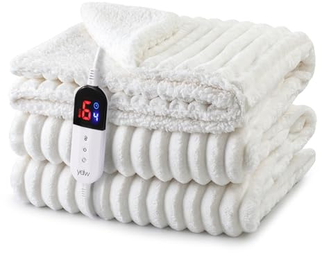 YDW Electric Heated Throw Blanket - 130x180cm Stripe Flannel Electric Overblanket for Sofa Bed Office Use, 6 Heat Levels&10 Time Settings, Machine Washable, White, Single