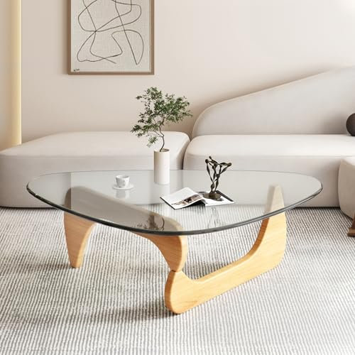Couchtisch Wohnzimmertisch Beistelltisch mit Holzbeinen: Sofatisch Kaffeetisch aus Glas Holz Industrie-Design Glastisch Tisch fürs Wohnzimmer Balkon Arbeitszimmer