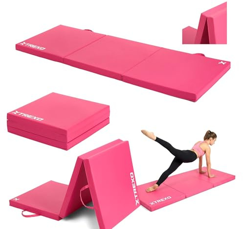 TREXO – Tapis de Gymnastique Pliable 180 x 60 x 5 cm 3-Panneaux – Tapis d’Entraînement Portable avec Poignée, Mousse EPE & Revêtement Similicuir – Rose