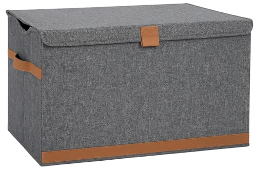 hausleben Faltbare Aufbewahrungsbox mit Deckel & Griff - Truhe aus Leinen - Verstärkt mit Holz - Sitzbank & Spielzeugkiste, für Wohnzimmer, Kinderzimmer, Schlafzimmer - 62x37,5x39 cm (Grau)