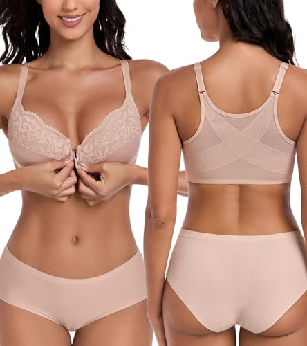 Lemorosy Sujetador para Mujer con Cierre Delantero Clásico Encaje con Aros Espalda en X para Tallas Grandes (Beige,100E)