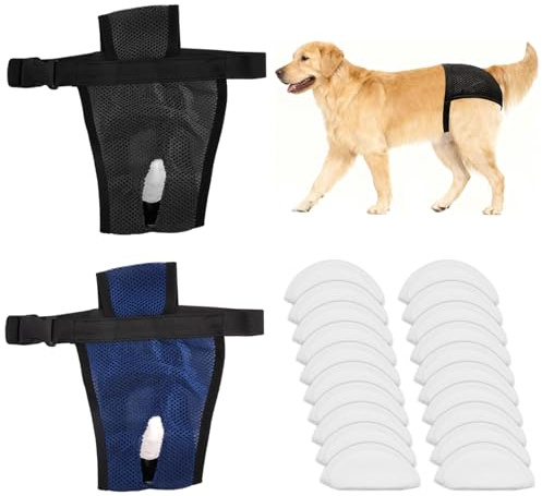 2 Piezas Bragas Perras Menstruales,con 20 Toallas Sanitarias,Braga para Celo Perras,Pantalones Pañales para Perros,Bragas para Perros Celo,Lavables y Reutilizables,Ajustables,Negro&Azul (XL 50-59 cm)