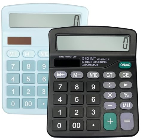 Calculadora de Escritorio 2 Piezas, Pantalla LCD 12 Dígitos, Doble Alimentación (Solar y Batería), Botones Grandes, Función Estándar para Oficina, Hogar y Escuela - Negro & Azul Cielo