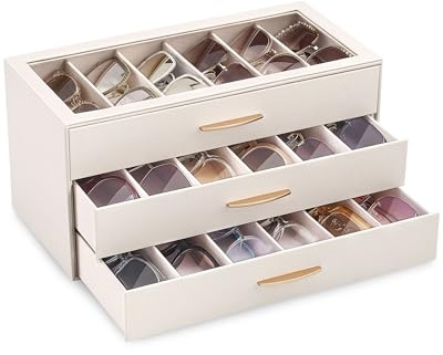 Lolalet Caja para Gafas de Sol Mujer 3 Niveles, Expositor y Organizador de Colección para Gafas con Tapa Transparente en PU -Cream
