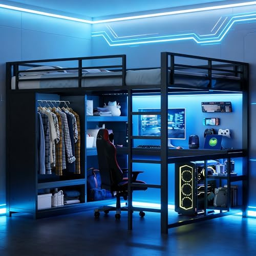Cama alta Gaming de 160 x 200 cm con luz LED, escritorio, cama de matrimonio con armario a día y portaobjetos, estructura de cama de metal, literas de 160 x 200 cm, sin colchón, color negro