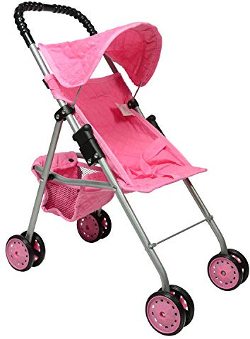 The New York Doll Collection My First Doll Stroller with Basket, Foldable Doll Stroller (Pink Quilted)