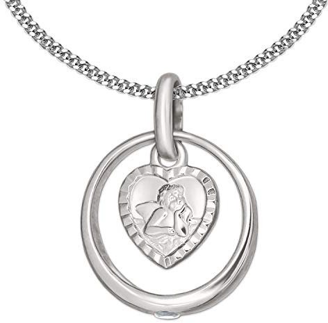 CLEVER SCHMUCK Set Silberner Taufring Ø 12 mm mit einem Zirkonia weiß innen Engel herzförmig und Kette Panzer 34 cm 925 Silber für Mädchen oder Junge im Taufe Etui weiß