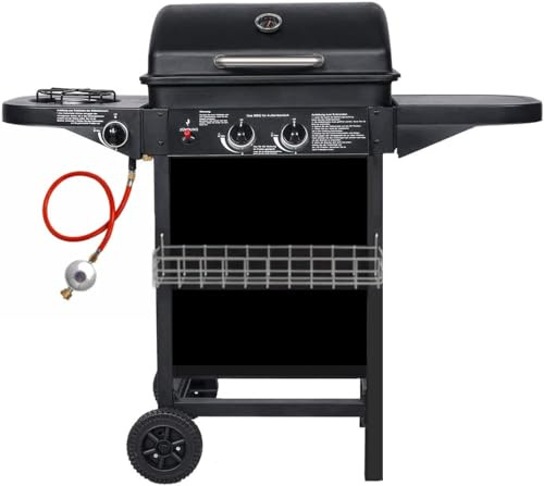 Barbacoa a gas con 2 quemadores de gas compactos, quemador lateral, rejilla barbacoa,mesas laterales y carro de acero, 8,7 kW de potencia