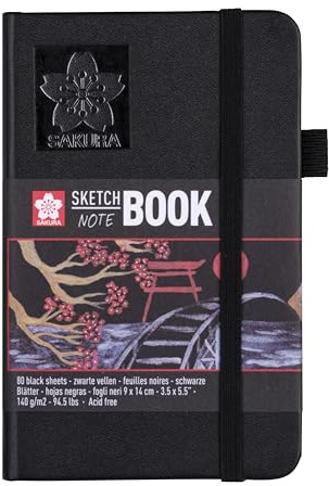 Sakura Cuaderno de Bocetos Negro | 9 x 14 cm, 140 g, 80 páginas papel negro | Cuaderno de Tapa Dura para Lápiz, Pastel, Tinta, Témpera