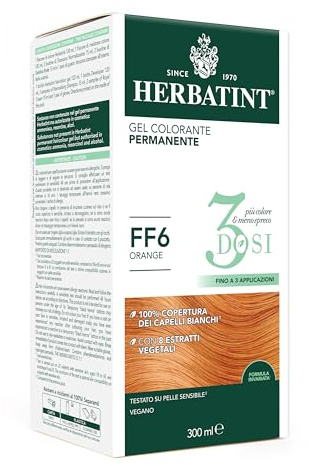 Herbatint Gel colorante permanente, 3 dosis, 300 ml – FF6 Orange, sin amoniaco, para pieles sensibles, 100% cobertura para cabellos blancos, con 8 extractos naturales ecológicos