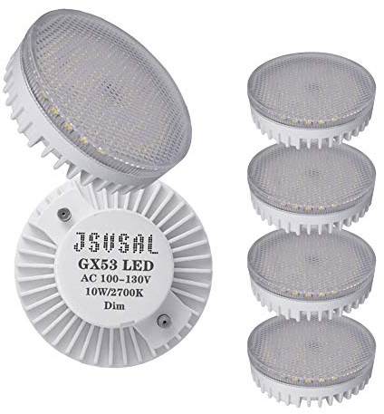 JSVSAL (4-Pack Dimmable 10W 120V GX53 LED Light Bulbs,Warm White 2700K LED Downlight Lamp, GX53 Base CFL Replacement Puck Lights for Cabinet, Showcase,Kitchen,Under Cabinet Counter Lighting