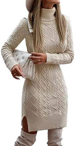 Onsoyours Robe en Tricot Femme Élégante Manches Longues Col Roulé Mini Pull Loisirs Beige S