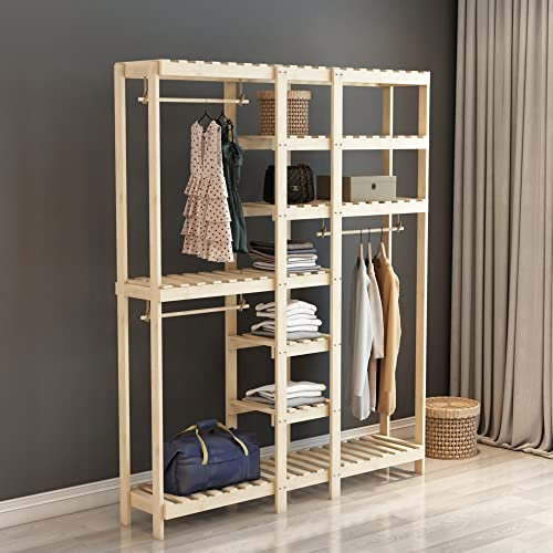 [en.casa] Kleiderständer Fjaler mit 3 Kleiderstangen Garderobenständer offener Kleiderschrank Schuhablage Kiefernholz Diele Flur 190 x 150 x 37 cm