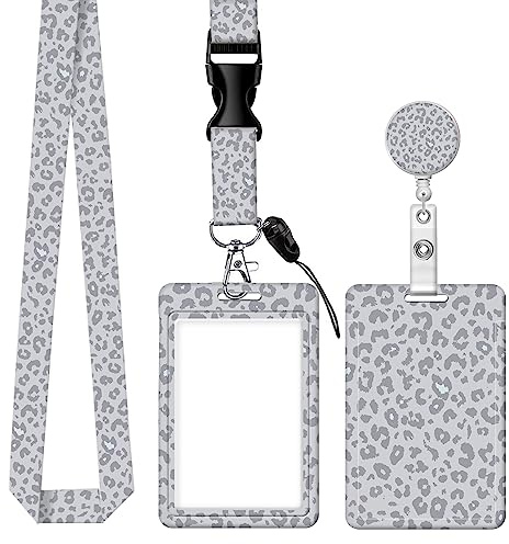 Badge Reels Retractable with Carabiner Reel Clip, ID Name Tag Work Badge Holder Belt Ferrule, Identity ID Badge Holder Cover Case for Office Work Nurse Teacher Student Gifts(Grey Leopard)