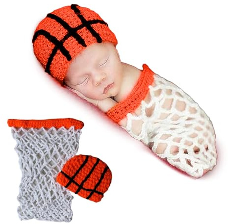 KLEYAO Newborn Photography Props/Ball cosplay knitted baby photography costume for Girls and Boys (0-6 Months) (basketball)