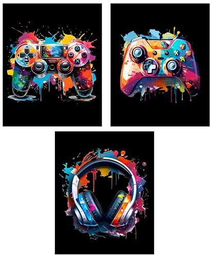 Watercolor Gaming Posters Set of 3 (8x10 Inches), Bedroom Wall Decorations, Gamer Room Art Decor, Boy Teen Room Wall Art, Gaming Accessories (Black)