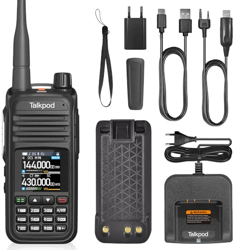 Talkpod A36plus MAX 8W Walkie Talkie portatile a lunga portata per UHF VHF 144-146/430-440Mhz, 999 canali, batteria 3200mAh, radio bidirezionale con FM per l'avventura, all'aperto, 1 pezzo (Nero)