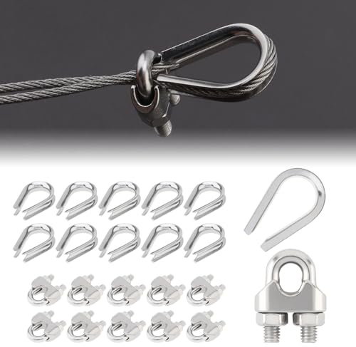 10 morsetti per cavi da 3/16 pollici, 10 ditali M5 in acciaio inox, morsetti per funi metalliche M5, clip per cavi, bulloni a U, set di ditali per cavi