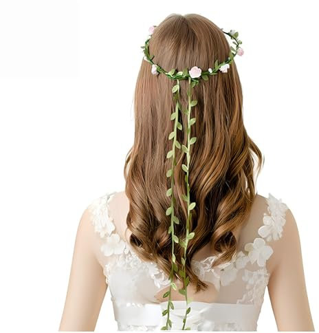 Lot de 2 bandeaux de fleurs bohème pour femme, bandeau de mariée rose avec feuilles, accessoires de cheveux pour fête de mariage, bandeau à fleurs roses et blanches