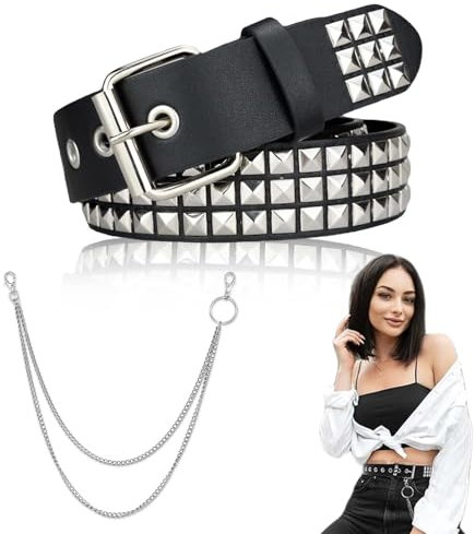 Punk Rock Nietengürtel für Punk-Ledergürtel Gotischer Gürtel Schwarzer Studded Belt - Punk Rock Nietengürtel mit Doppellagiger Kette, Perfekt für Gothic, Emo, Grunge und Punk-Outfit