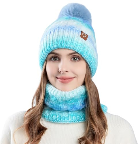 TAGVO Conjunto Set de Bufanda y Gorro de Punto para Mujer, Invierno Calentar Beanie Sombrero Gorras y Bufanda con Forro Polar para Corriendo Bicicleta Excursionismo Deportes