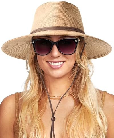FURTALK Womens Sun Hat Summer Straw Beach Hats UPF 80+ Wide Brim Panama Fedora Hats with Wind Lanyard Khaki