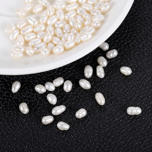 QUARKZMAN 100 Perle d'Acqua Dolce, Forma Ovale a grano di Riso 4-5mm, Gemme Sfuse con Foro 0.8mm per Creazioni di Gioielli in Corda di Pelle Fai Da Te, Colore Bianco
