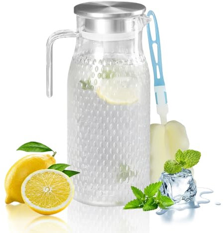 1pcs Carafe Eau Plastique 1,6L Avec Couvercle et Poignée en Acier Inoxydable, Pichet à Eau Plastique Pichet en Acrylique pour Réfrigérateur, Carafe D'eau Carafe Plastique pour thé Glacé, Jus (1,6L)