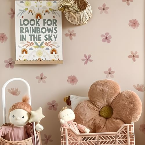 Neukids 48pcs Boho Watercolor Pink Daisies Children's Wall Stickers,Girls Wall Decals Nursery Stickers for Kids Bedrooms Livingroom Kindergarten Window Decor