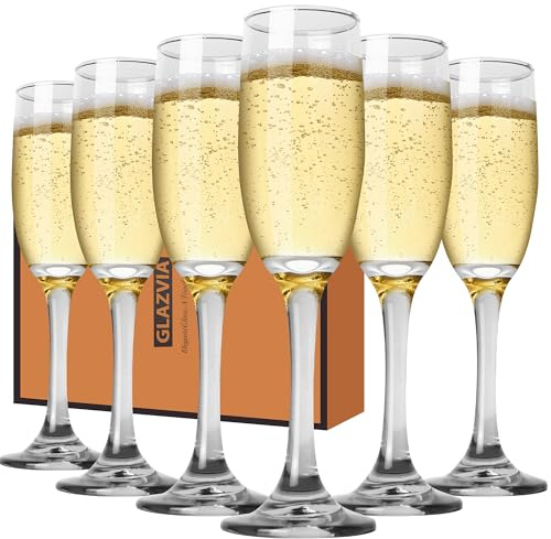 GLAZVIA Champagne Flutes Glasses Set of 6-6oz Elegant Glass, Classic Long Stem Clear Champagne Flute Gift for Wedding, Anniversaries, Parties, Birthday, Restaurant, Home Bar