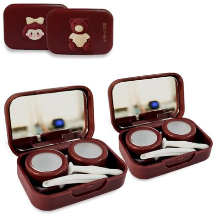 Guyakysk 2 Pack Contact Lens Case Cute, Eye Contact Travel Case Kit with Mirror Tweezers & Remover Tool, Mini Portable Contact Container for Daily Office Outdoor Use, Compact Size (B)