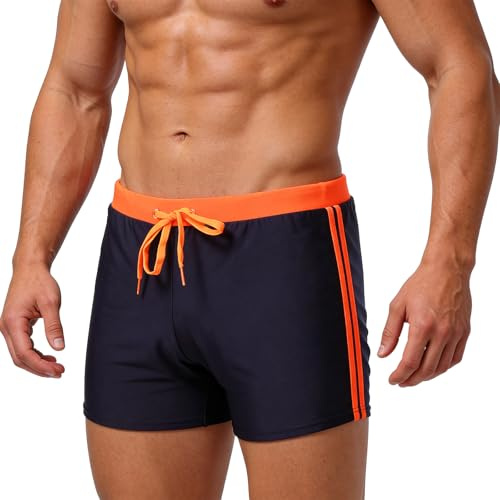 BBXWANG Swimming Shorts Men Quick Dry Mens Swimming Trunks Stretchy Beach Board Short Boxer Swimwear with Drawstring (UK, Alpha, M, Regular, Regular, Orange + Navy Blue)