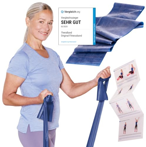 TheraBand 2,50m im PE Beutel mit Anleitung | Fitnessband | Gymnastikband | Stretchband für Ganzkörpertraining | Widerstandsband | Training Bands für Zuhause |100% Naturlatex (Blau)