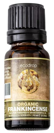 Ecodrop Frankincense Essential Oil I 10ml I Cosmos Certified Organic and 100% Pure Essential Oils I Top Therapeutic Grade for Aromatherapy I Use for Massage, Diffusers & Bath I Boswellia Serrata