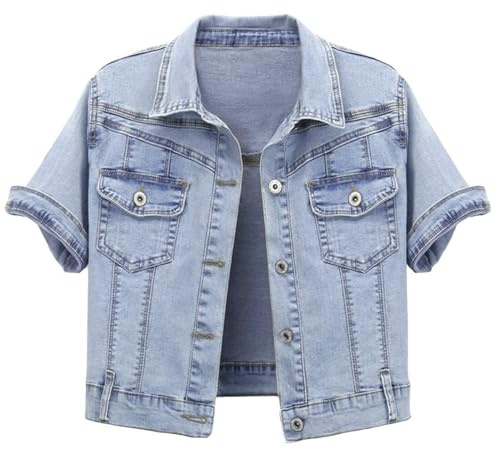 Omoone Women's Summer Short Sleeve Crop Denim Trucker Jacket Jean Coat Tops(LightBlue-L)