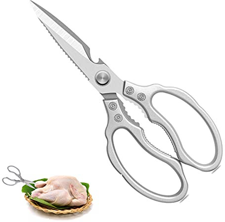 Forbici da Cucina Resistenti,5 in 1 Trinciapollo Multifunzionali in Acciaio Inox,25cm Impugnatura Ergonomica e lame in titanio,per Casa Uso,Osso di Pollo,Carne,Verdura,Pollame,Pesce,Erbe,Noci,Argento