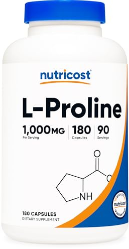 Nutricost L-Proline 1 000 mg, 180 kapslar (90 portioner) - 500 mg per lock, icke-GMO, glutenfri