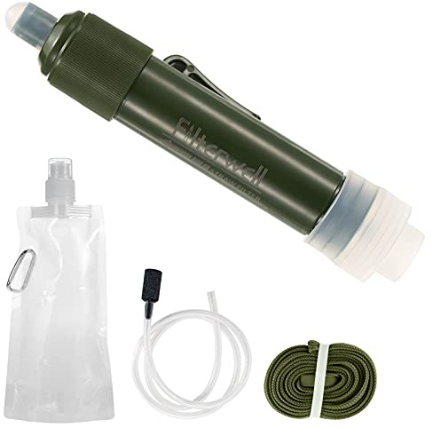 Lixada Sistema di filtraggio dell'acqua per esterni, filtro dell'acqua per purificatore di paglia con borsa per bere per preparazione di emergenza campeggio viaggio zaino
